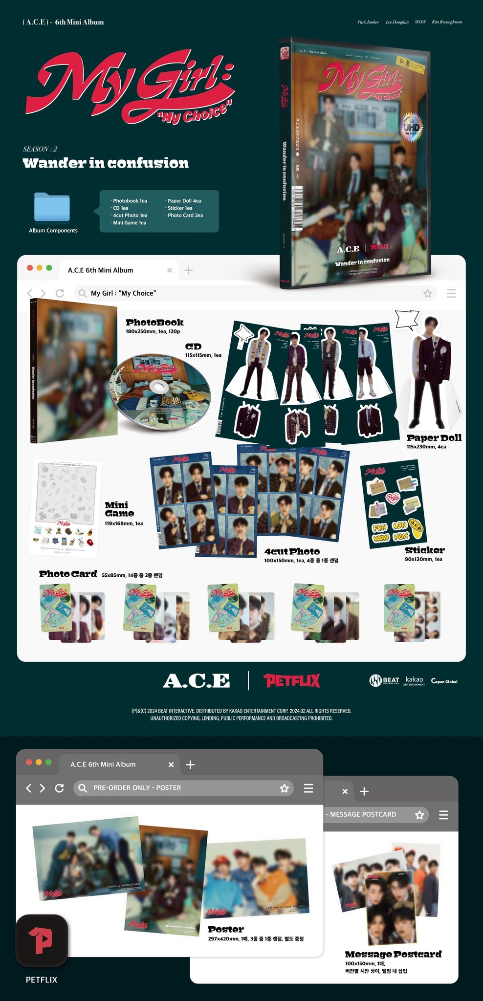 A.C.E My Girl : “My Choice” Inclusions Photobook CD Paper Dolls Mini Game 4Cut Photo Sticker Photocards Preorder Poster Message Card