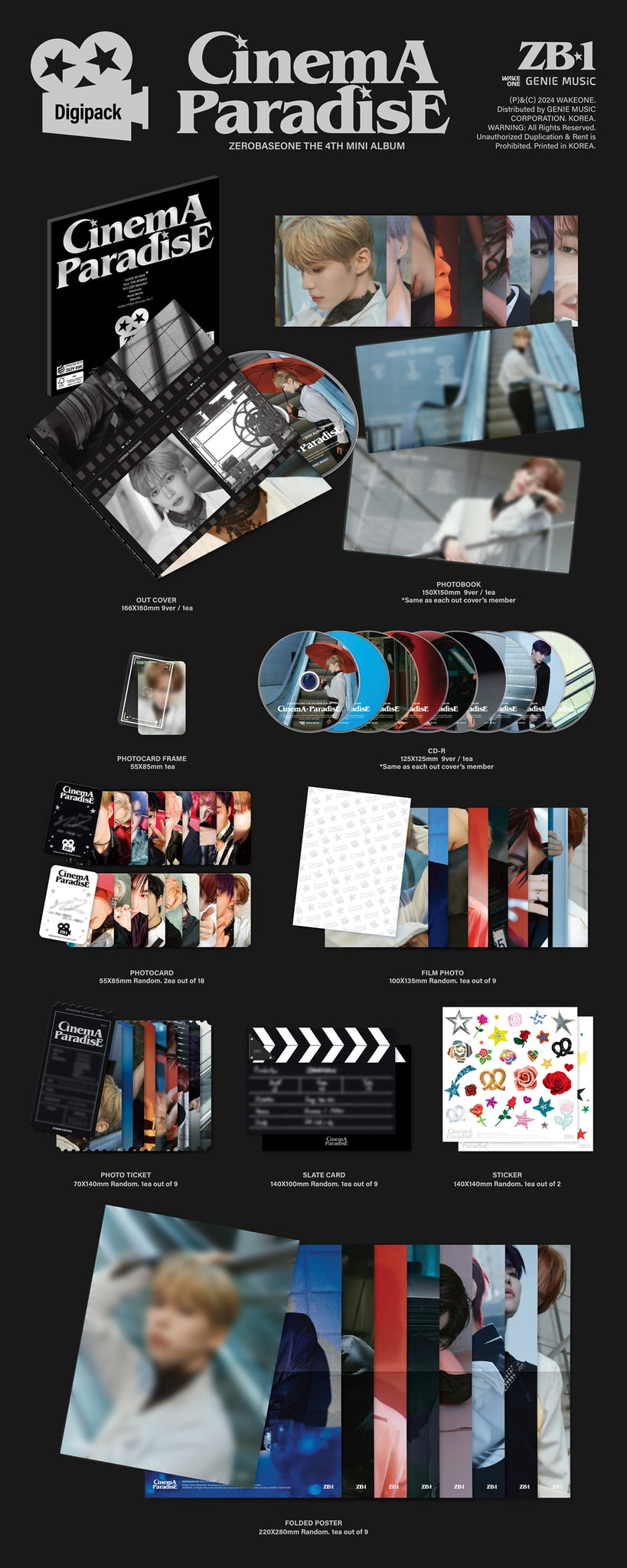 ZEROBASEONE 4th Mini Album CINEMA PARADISE - Digipack Version Inclusions: Out Cover, Photobook, CD, Photocard Frame, Photocards, Film Photo, Photo Ticket, Slate Card, Sticker, Folded Poster