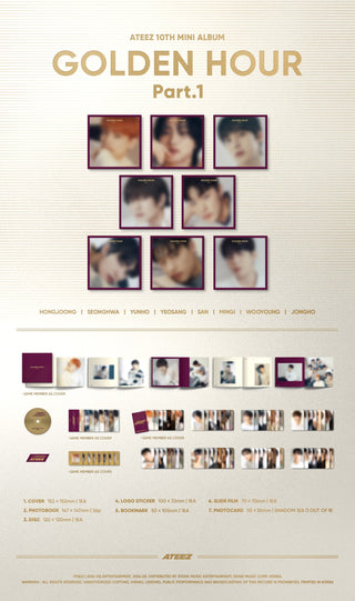ATEEZ 10th Mini Album GOLDEN HOUR : Part.1 - Digipak Version Inclusions: Cover, Photobook, CD, Logo Sticker, Bookmark, Slide Film, Photocard