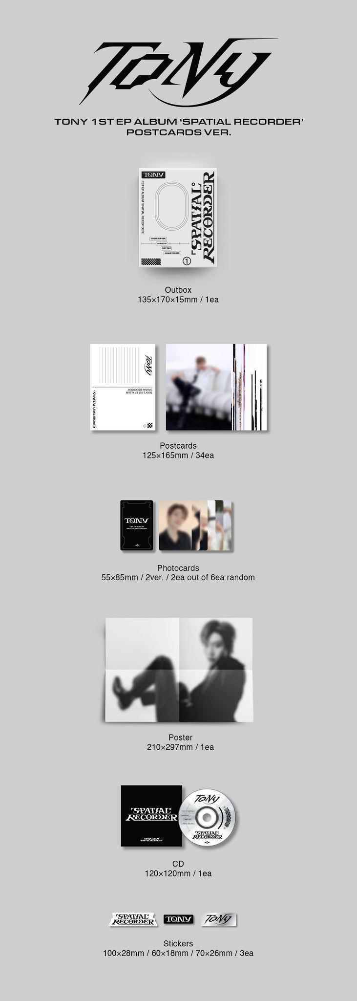 Tony 1st EP Album SPATIAL RECORDER - Postcards Version Inclusions: Out Box, Postcards, CD & Envelope, Photocards, Folded Poster, Sticker Set