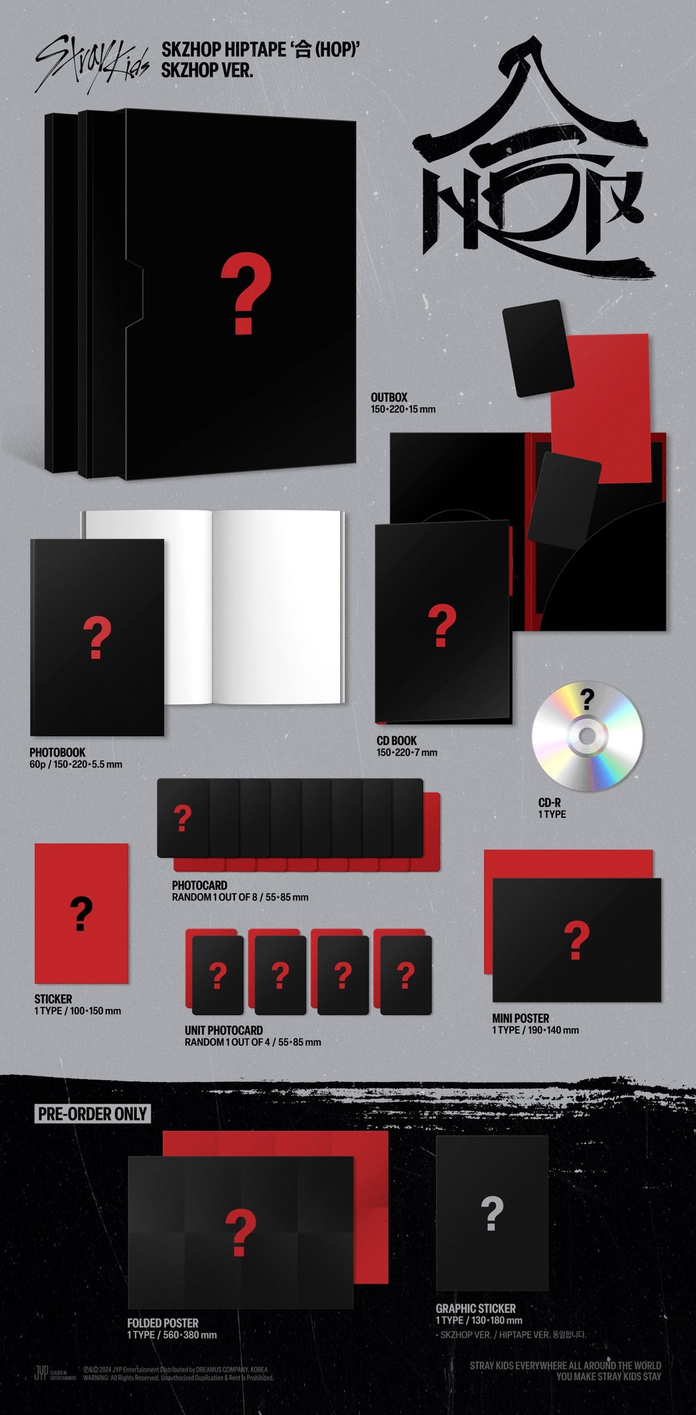 Stray Kids - SKZHOP HIPTAPE 合 (HOP) - SKZHOP Version Inclusions: Out Box, Photobook, CD Book & CD, Photocard, Unit Photocard, Stickers, Mini Poster, Pre-order Only Folded Poster, Graphic Stickers