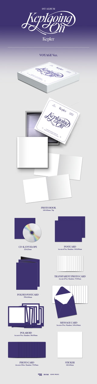 Kep1er 1st Full Album Kep1going On (Limited Edition) - VOYAGE Version Inclusions: Photobook, CD & Envelope, Postcard, Folded Postcard, Transparent Photocard, Message Card, Polaroid, Photocards, Sticker