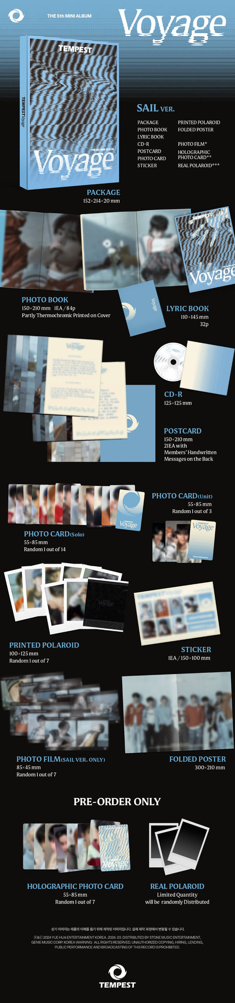 TEMPEST 5th Mini Album TEMPEST Voyage - SAIL Version Inclusions Package, Photobook, Lyric Book, CD, Postcard Set, Photocard, Unit Photocard, Printed Polaroid, Sticker, Photo Film, Folded Poster, Pre-order Only Holographic Photocard, Real Polaroid