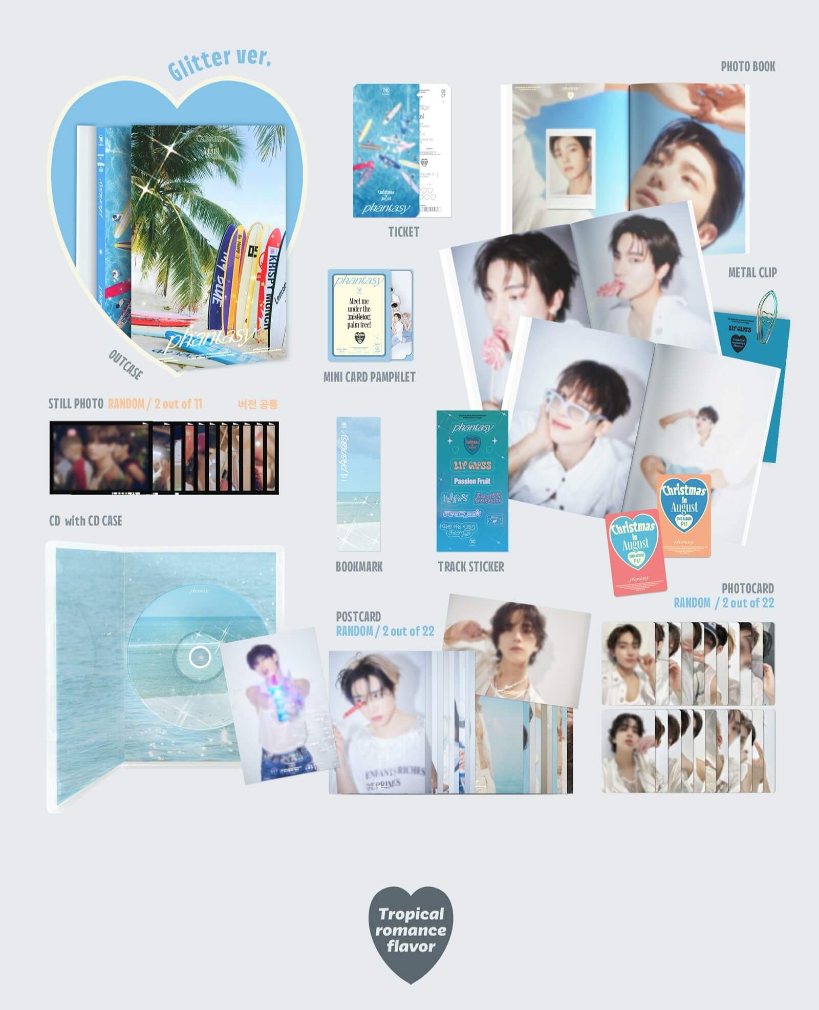 THE BOYZ PHANTASY Pt.1 Christmas In August - Glitter Version Inclusions Out Case CD Still Photos Photocards Ticket Mini Card Pamphlet Bookmark Photobook Track Sticker Postcard Metal Clip