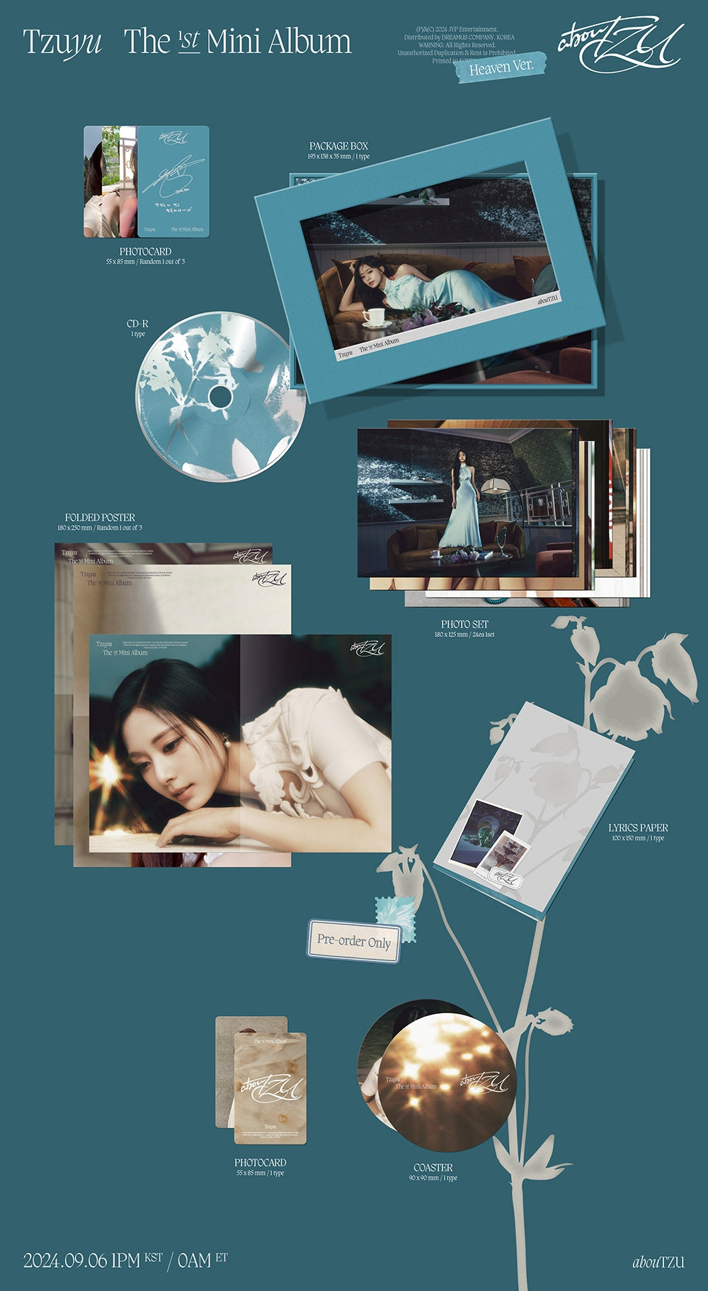 Tzuyu (TWICE) 1st Mini Album abouTZU - Heaven Version Inclusions: Package Box, Photo Set, CD, Photocard, Lyrics Paper, Folded Poster, Pre-order Only Photocard, Coaster