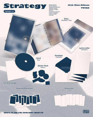 TWICE 14th Mini Album STRATEGY - Highlight Version Inclusions: Diary, CD & Envelope, Envelope, Lyrics Letter, Sticker Pack, Polaroid Photocard, Photocard