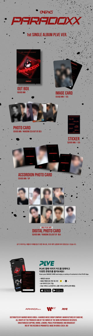 ONE PACT 1st Single Album PARADOXX - PLVE Version Inclusions: Out Box, Image Card, Photocards, Stickers, Accordion Photocard, PLVE App Only Digital Photocards