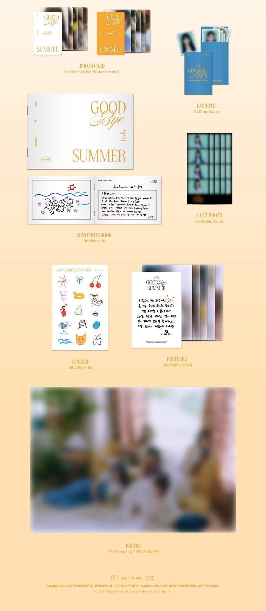 woo!ah! 1st PHOTOBOOK GOODBYE SUMMER Inclusions Photocards ID Photos Mini Photobook 4Cut Photos Sticker Postcards Pre-order Poster