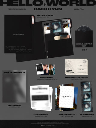 Baekhyun (EXO) 4th Mini Album Hello,World - Folder Version Inclusions: Folder Sleeve, Photobook, CD, Photocards, Handwritten Letter, Lyrics Paper Set, Sketch Photo Set, Film Marker