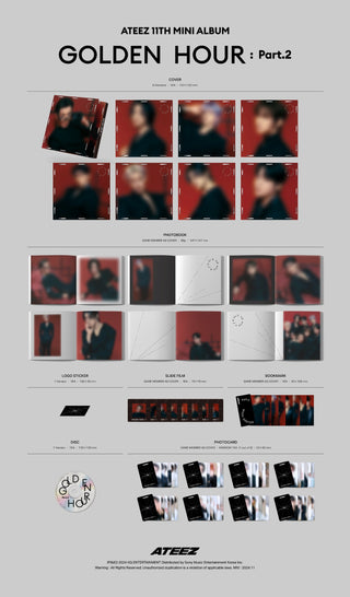 ATEEZ 11th Mini Album GOLDEN HOUR : Part.2 - Digipack Version Inclusions: Cover, Photobook, CD, Logo Sticker, Bookmark, Slide Film, Photocard