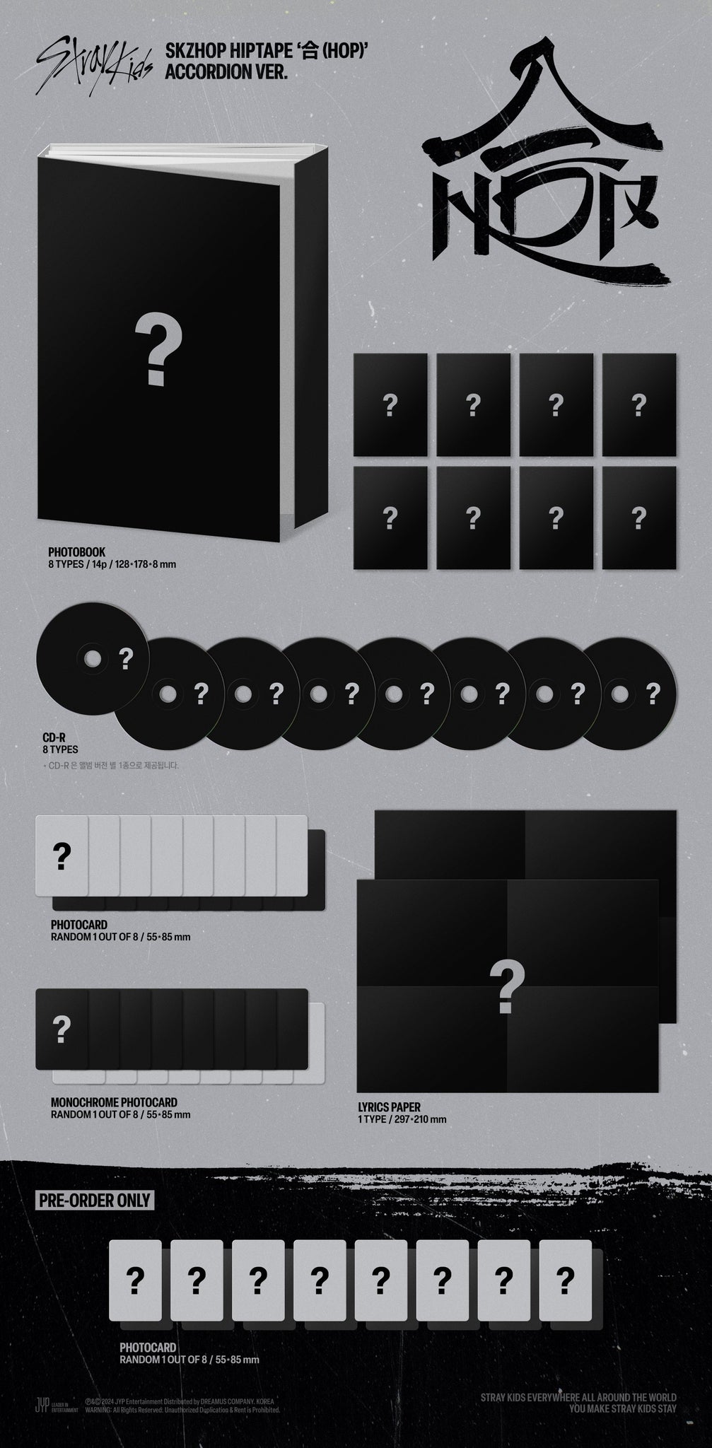 Stray Kids SKZHOP HIPTAPE 合 (HOP) - Accordion Version Inclusions: Photobook, CD, Lyrics Paper, Photocard, Monochrome Photocard, Pre-order Only Photocard