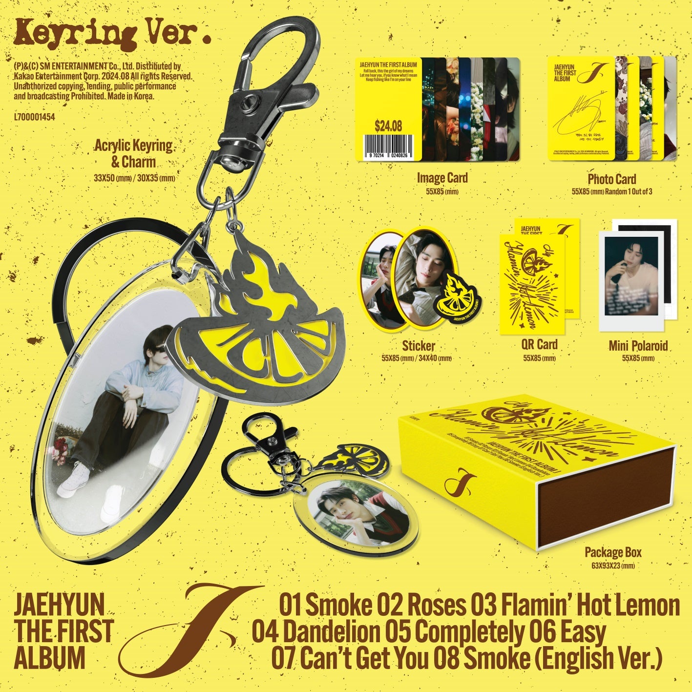 Jaehyun (NCT) 1st Solo Album J - Keyring Version Inclusions: Package Box, Acrylic Keyring, Charm, QR Card, Image Card Set, Photocard, Stickers, Mini Polaroid