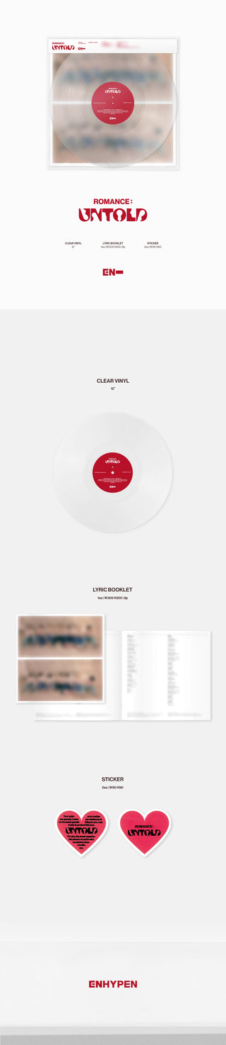 ENHYPEN 2nd Full Album ROMANCE : UNTOLD - Vinyl LP Inclusions: Clear Vinyl LP, Lyric Booklet, Stickers