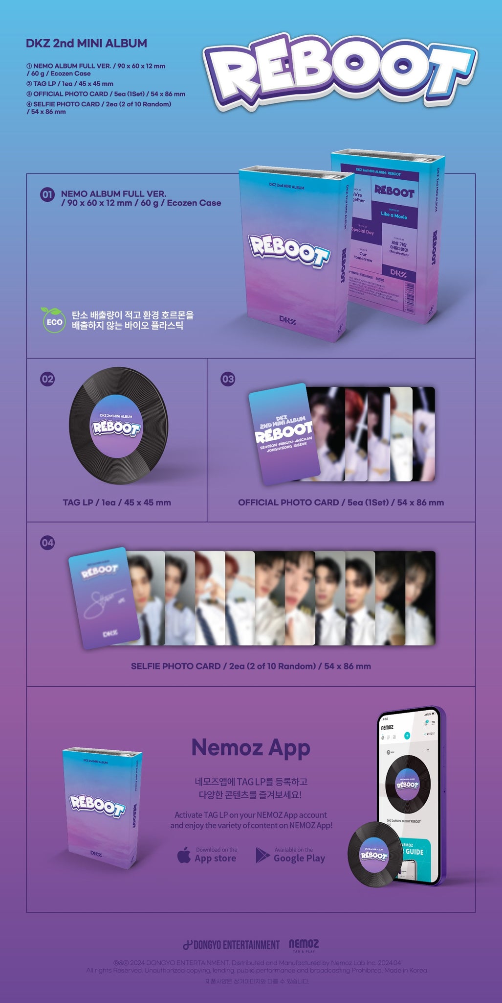 DKZ 2nd Mini Album REBOOT (Nemo Album Full Ver.) - LP Version Inclusions: Album Case, Tag LP, Official Photocard Set, Selfie Photocards, Digital Contents