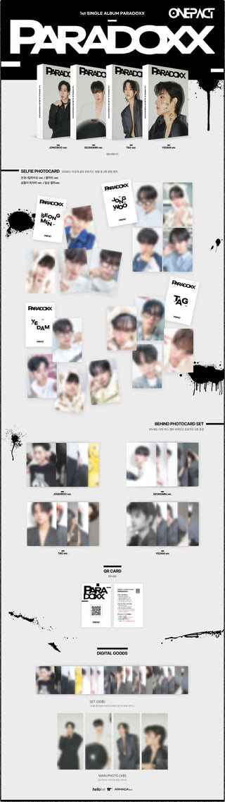 ONE PACT 1st Single Album PARADOXX - hello Photocard Album Inclusions: Out Box, QR Card, Behind Photocard Set, Selfie Photocards, Digital Contents