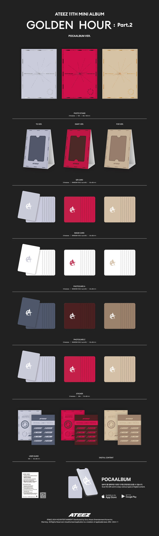 ATEEZ 11th Mini Album GOLDEN HOUR : Part.2 - POCA Version Inclusions: Envelope, Photo Stand, QR Card, Image Card, Photocard A, Photocard Z, Sticker Set, User Guide