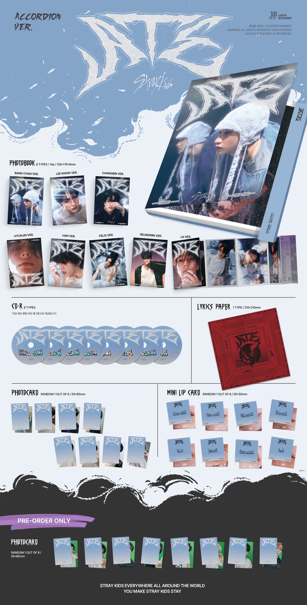 Stray Kids 9th Mini Album ATE - Accordion Version Inclusions: Photobook, CD, Lyrics Paper, Photocard, Mini Lip Card, Pre-order Photocard