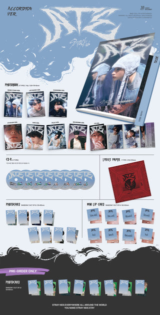 Stray Kids 9th Mini Album ATE - Accordion Version Inclusions: Photobook, CD, Lyrics Paper, Photocard, Mini Lip Card, Pre-order Photocard