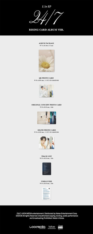 L (INFINITE) 1st EP Album 24/7 - RISING Version Inclusions: Album Package, QR Photocard, Original Concept Photocard Set, Selfie Photocard, Track List, User GuideL (INFINITE) 1st EP Album 24/7 - RISING Version