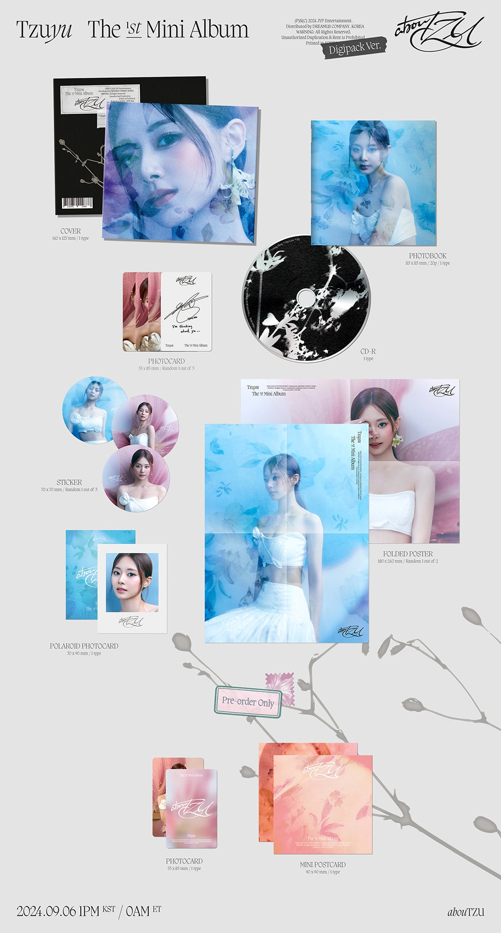 Tzuyu (TWICE) 1st Mini Album abouTZU - Digipack Version Inclusions: Cover, Photobook, CD, Photocard, Sticker, Folded Poster, Polaroid Photocard, Pre-order Only Photocard, Mini Postcard