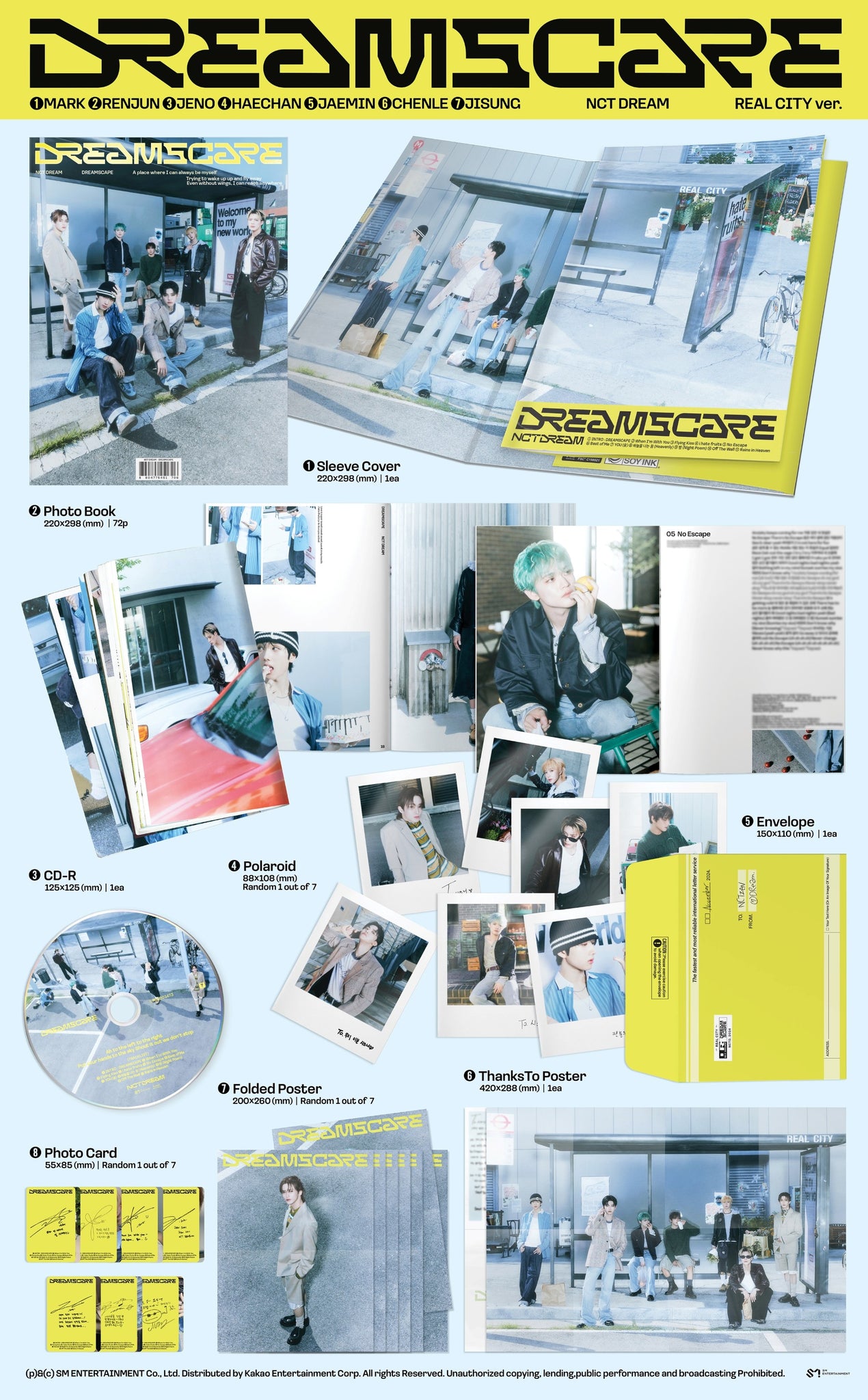 NCT DREAM 4th Full Album DREAMSCAPE - REAL CITY Version Inclusions: Sleeve Cover, Photobook, CD, Polaroid, Envelope, Thanks To Poster, Folded Poster, Photocard