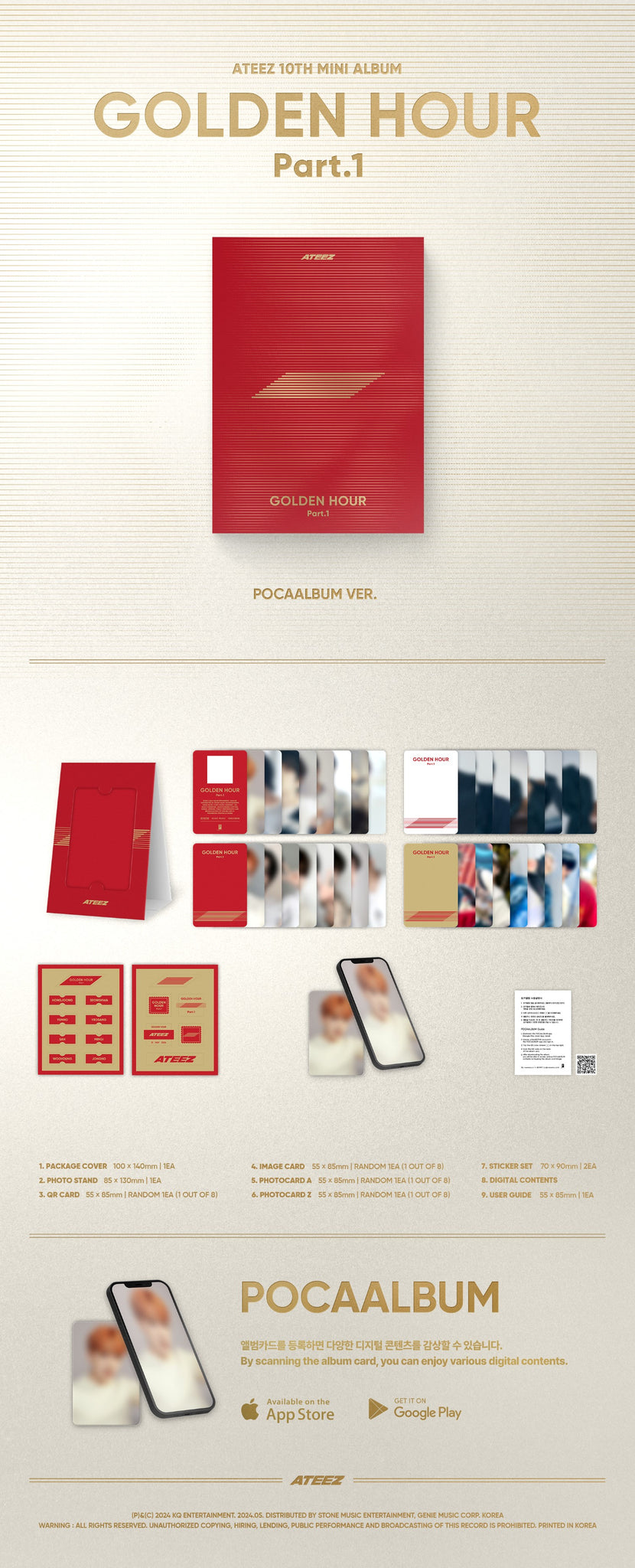 ATEEZ 10th Mini Album GOLDEN HOUR : Part.1 - POCA Version Inclusions: Package Cover, Photo Stand, QR Card, Image Card, Photocard A, Photocard Z, Sticker Set, User Guide