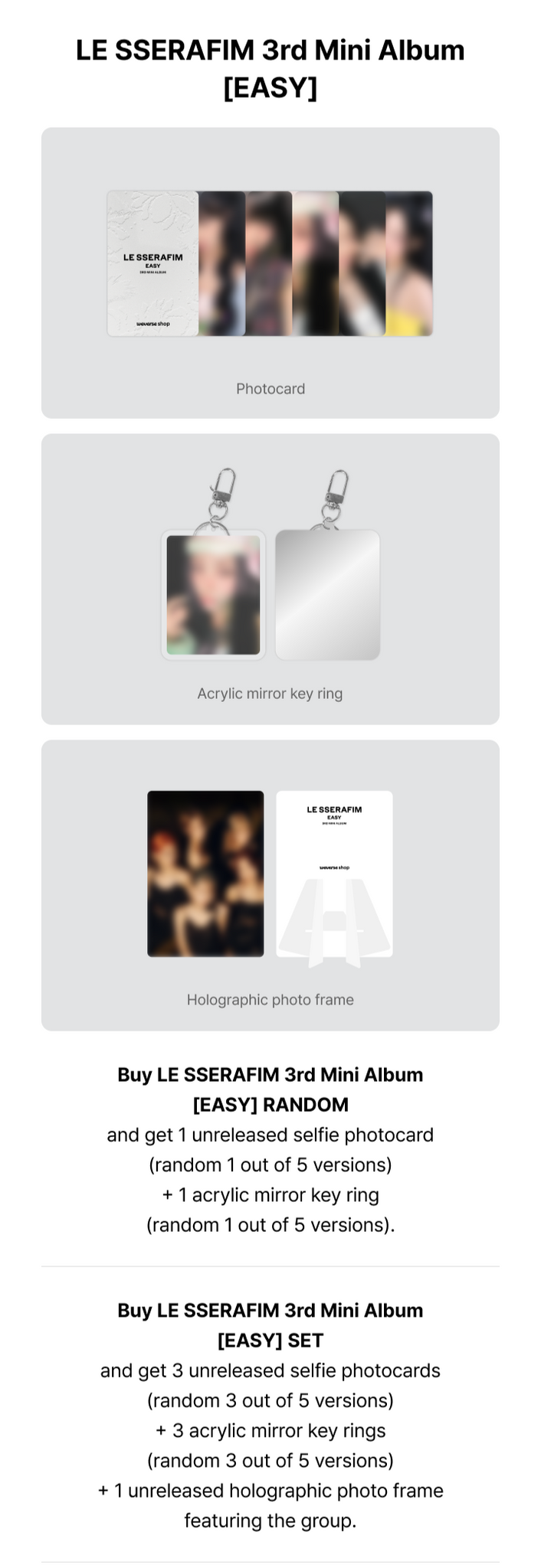 LE SSERAFIM 3rd Mini Album EASY Weverse Pre-order Inclusions Selfie Photocard Acrylic Mirror Keyring Holographic Group Photo Frame
