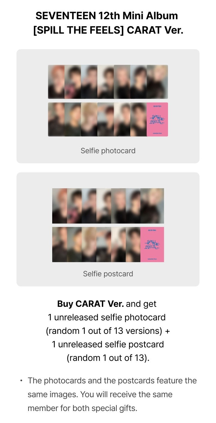 SEVENTEEN 12th Mini Album SPILL THE FEELS - Carat Version Weverse Pre-order Benefits: Selfie Photocard, Selfie Postcard