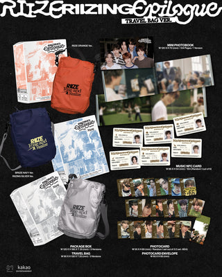 RIIZE 1st Mini Album Repackage RIIZING : Epilogue (Limited Edition) (Travel Bag Ver.) - RIIZING SILVER / BRIIZE NAVY / RIIZE ORANGE Version Inclusions: Package Box, Travel Bag, Mini Photobook, Music NFC Card, Photocard Envelope, Photocard Set