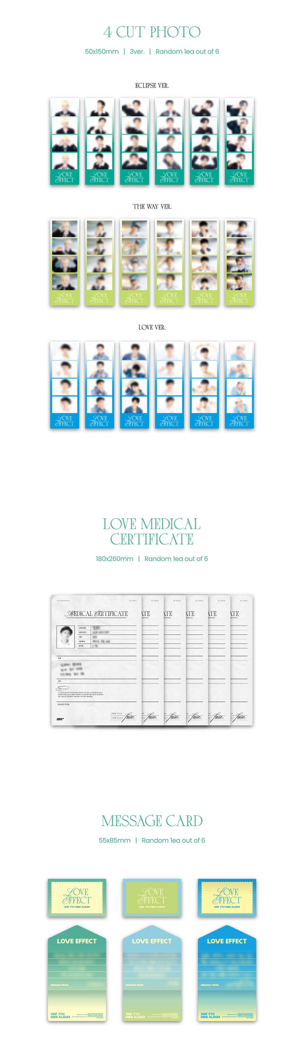 ONF 7th Mini Album LOVE EFFECT Inclusions 4Cut Photo Love Medical Certificate Message Card