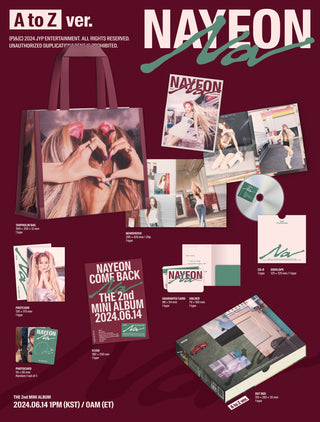 Nayeon (TWICE) 2nd Mini Album NA (Limited Edition) - A to Z Version Inclusions: Out Box, Tarpaulin Bag, Newspaper, CD & Envelope, Postcard, Flyer, Guarantee Card, Holder, Photocard