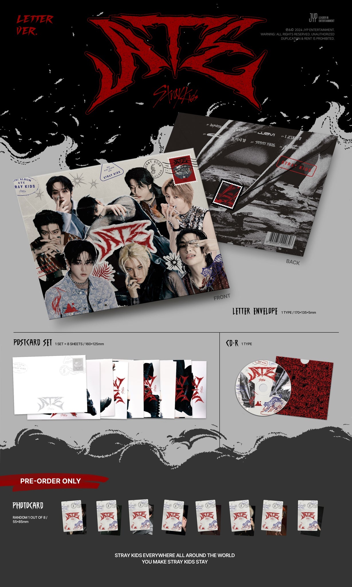 Stray Kids 9th Mini Album ATE - Letter Version Inclusions: Letter Envelope, Postcard Set, CD, Pre-order Photocard