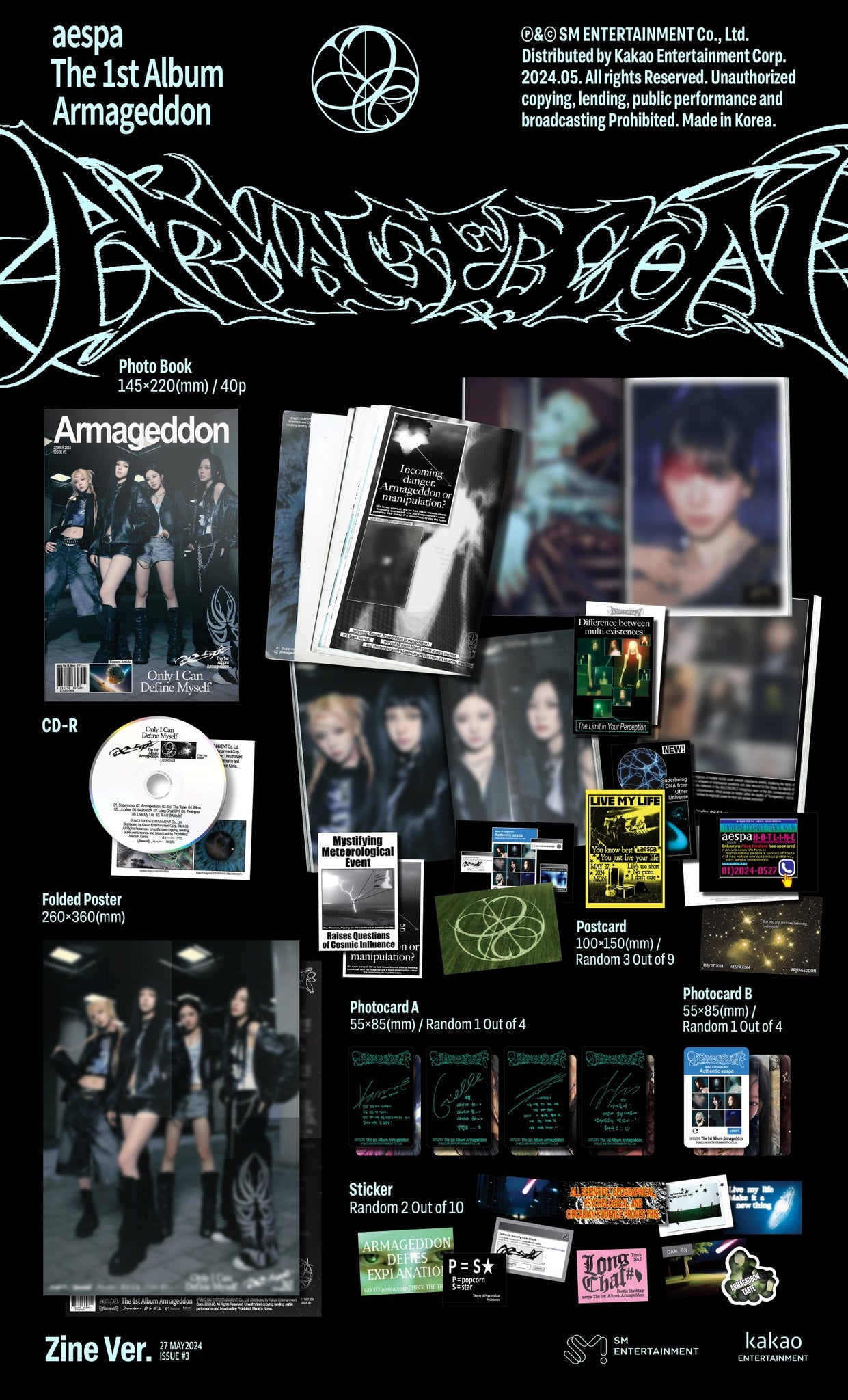 aespa 1st Full Album Armageddon - Zine Version Inclusions: Photobook, CD, Postcards, Stickers, Folded Poster, Photocard A, Photocard B