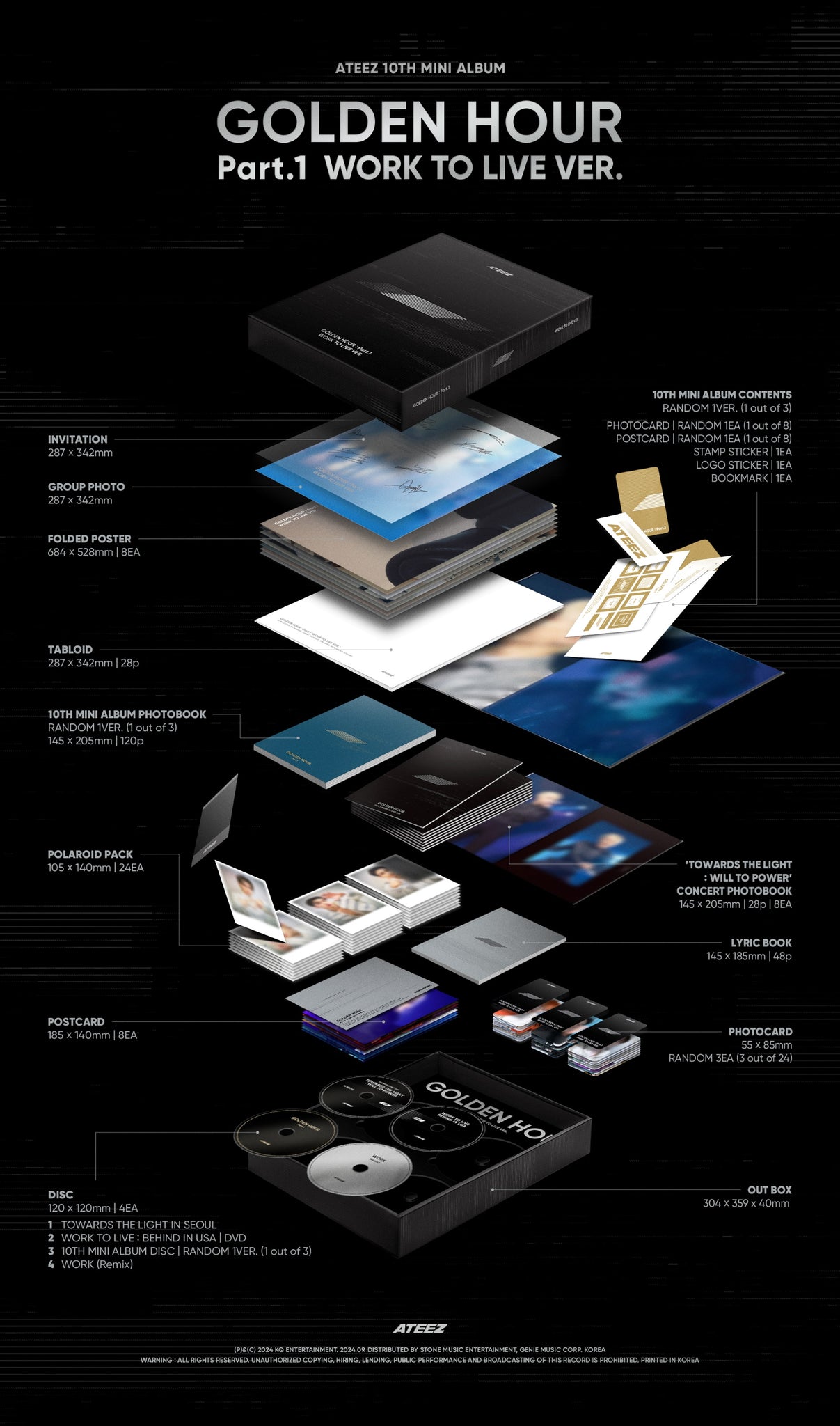 ATEEZ 10th Mini Album GOLDEN HOUR : Part.1 - WORK TO LIVE Version Inclusions: Out Box, Photobook, 'TOWARDS THE LIGHT : WILL TO POWER' Concert Photobook Set, Tabloid, Lyric Book, 4 Discs, 10th Mini Album Contents, Invitation, Group Photo, Folded Poster Set, Polaroid Pack,Postcard Set, Photocards