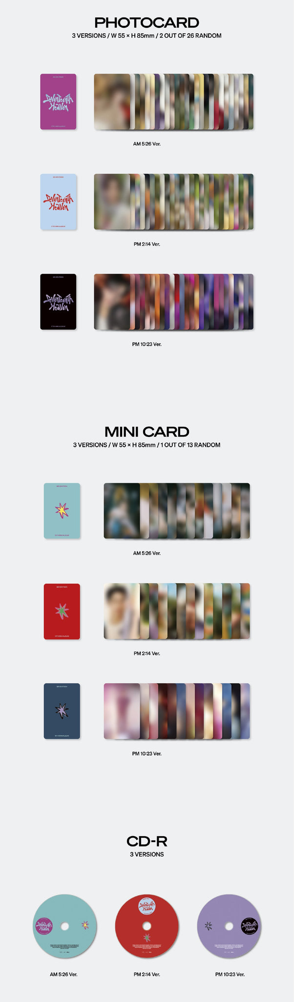 SEVENTEEN 11th Mini Album SEVENTEENTH HEAVEN Inclusions Photocards Mini Card CD