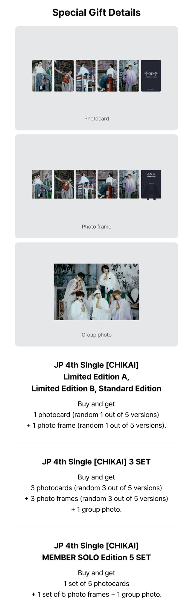 TXT 4th Japanese Single Album CHIKAI Weverse Pre-order Benefits: Photocard, Photo Frame, Group Photo