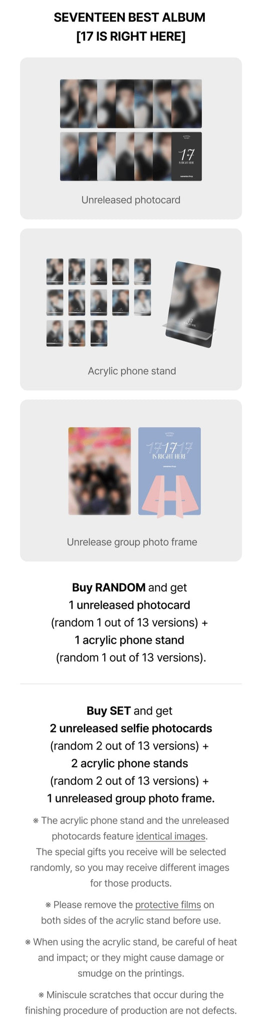 SEVENTEEN Best Album 17 IS RIGHT HERE Weverse Pre-order Benefits: Photocard, Acrylic Phone Stand, Group Photo Frame