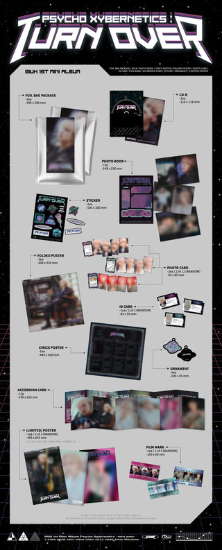 Giuk Psycho Xybernetics : TURN OVER Inclusions Foil Bag Package Photobook CD Photocards Sticker Folded Poster ID Card Lyric Poster Ornament Accordion Card Film Mark 1st Press Only Limited Poster