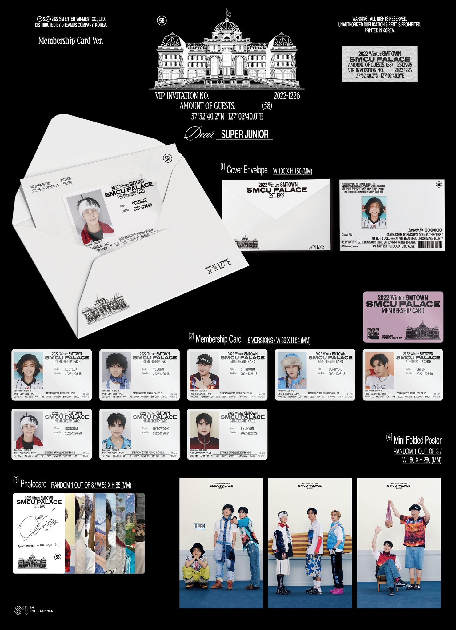 Super Junior 2022 Winter SMTOWN: SMCU PALACE Inclusions Cover Envelope Membership Card Photocard Mini Folded Poster