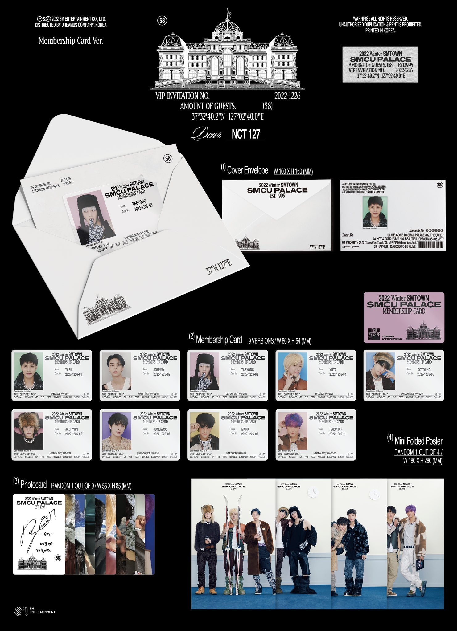 NCT 127 2022 Winter SMTOWN: SMCU PALACE Inclusions Cover Envelope Membership Card Photocard Mini Folded Poster
