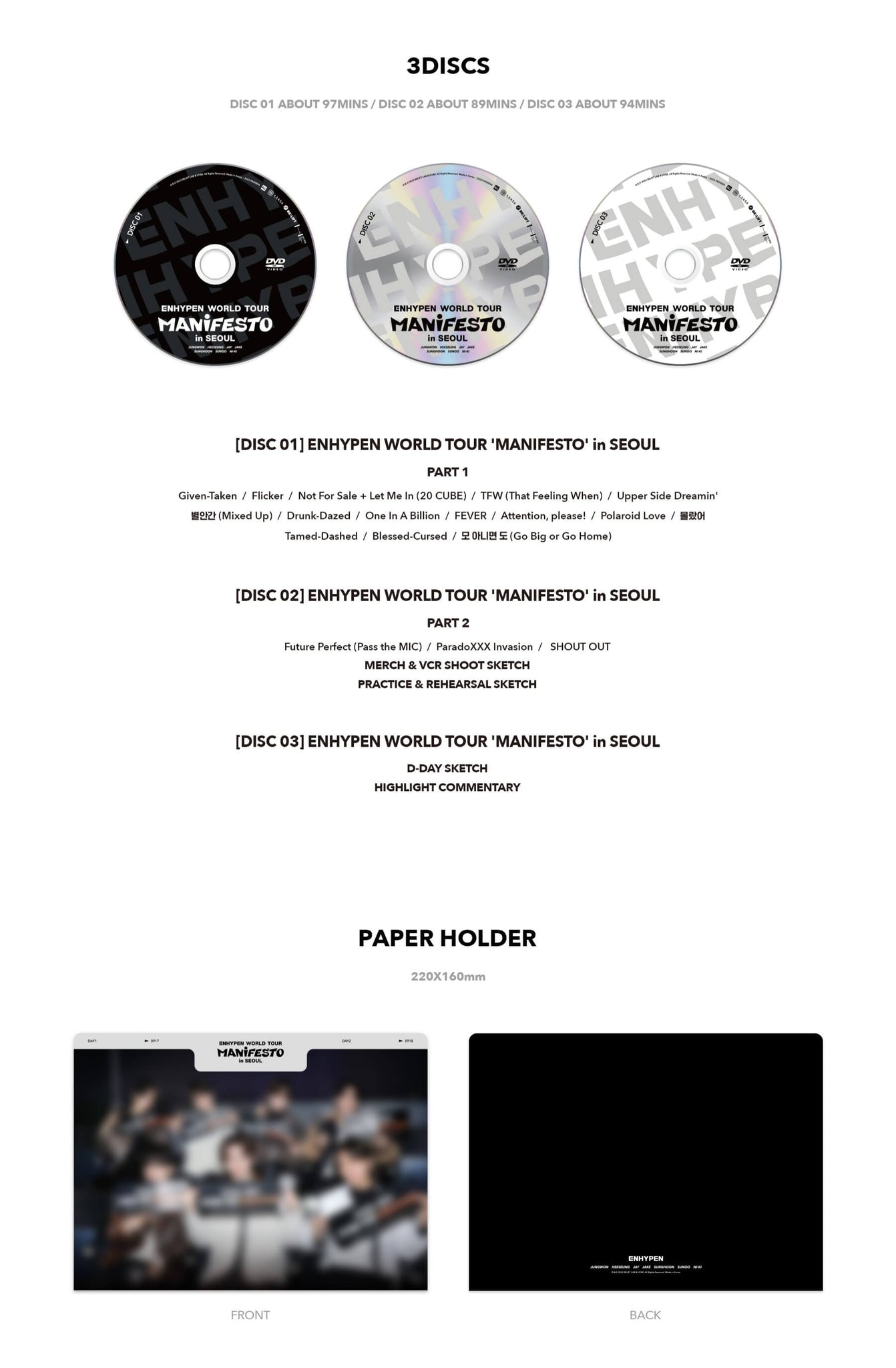ENHYPEN WORLD TOUR MANIFESTO in SEOUL DVD Inclusions 3 Discs Paper Holder