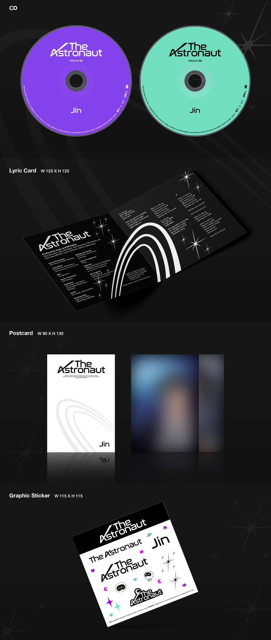 Jin Solo Single Album The Astronaut Inclusions CD Lyric Card Postcard Graphic Sticker