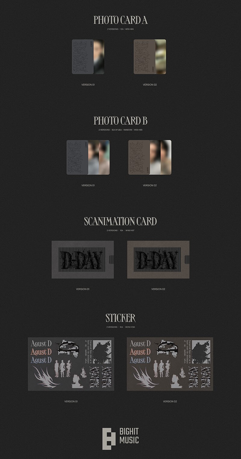 Agust D Solo Album D-DAY Inclusions Photocard A Photocard B Scanimation Card Sticker