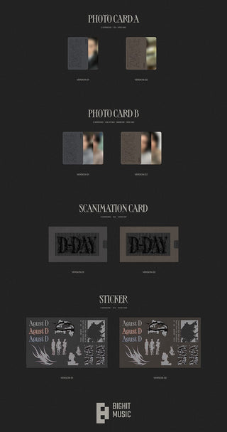 Agust D Solo Album D-DAY Inclusions Photocard A Photocard B Scanimation Card Sticker