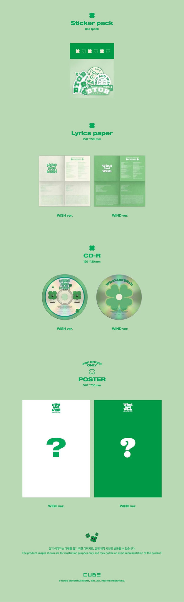 BTOB WIND AND WISH Inclusions Sticker Pack Lyrics Paper CD Pre-order Only Poster