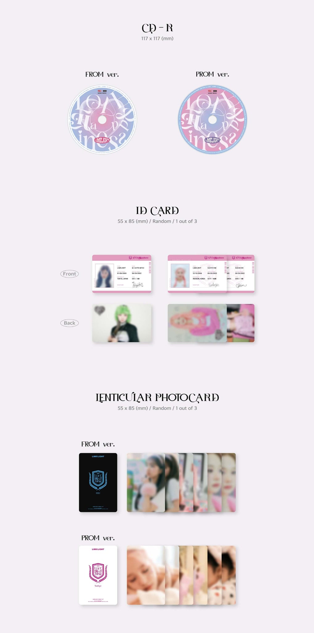 LIMELIGHT 1st Mini Album LOVE & HAPPINESS Inclusions CD ID Card Lenticular Photocard 