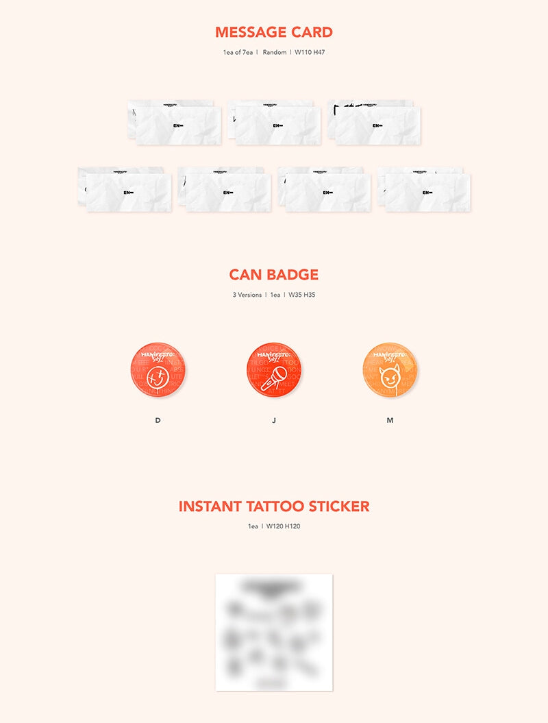 ENHYPEN 3rd Mini Album MANIFESTO: DAY 1 Inclusions Message Card Can Badge Instant Tattoo Sticker