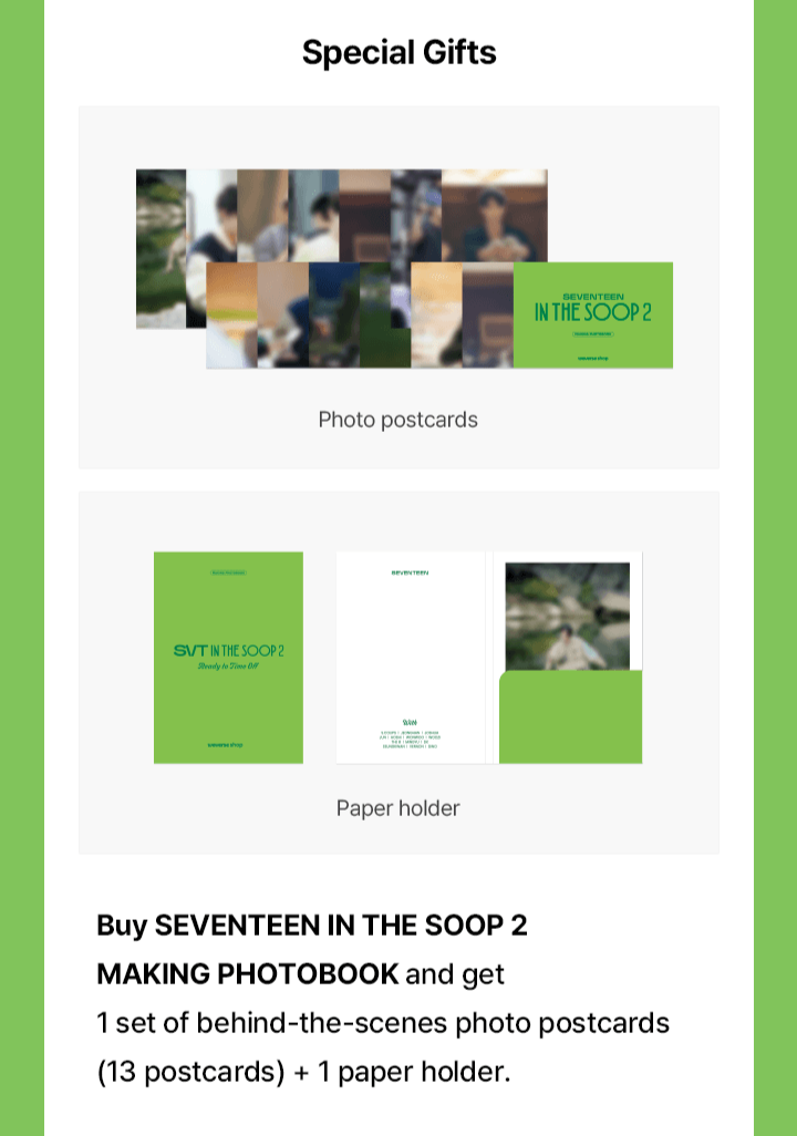 SEVENTEEN IN THE SOOP 2 MAKING PHOTOBOOK Inclusions Weverse Pre-order Benefit Photo Postcards Paper Holder