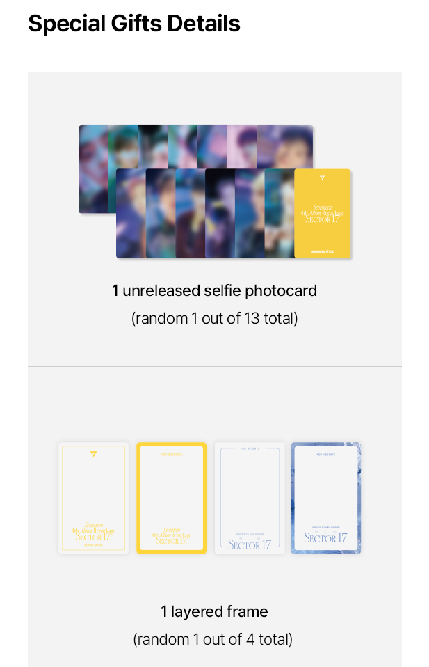 SEVENTEEN Repackage SECTOR 17 Inclusions Weverse Pre-order Benefit Unreleased Selfie Photocard Layered Frame