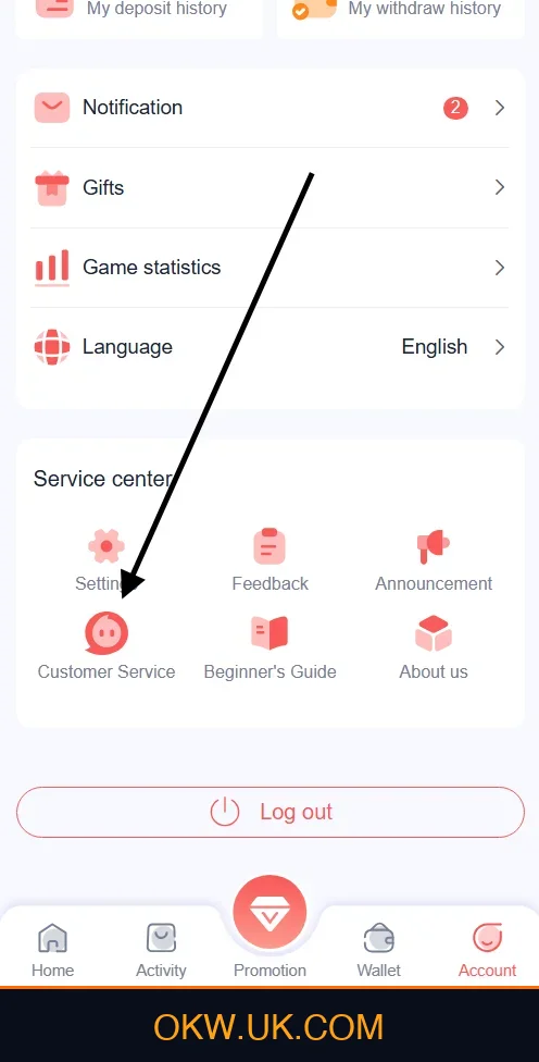 Ok Win Customer Support Button in App